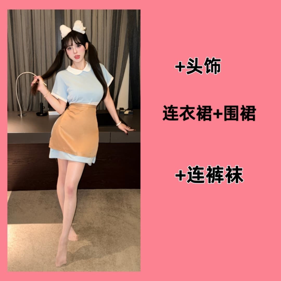 Blue + apron + ears size 10 white + skin color pantyhose