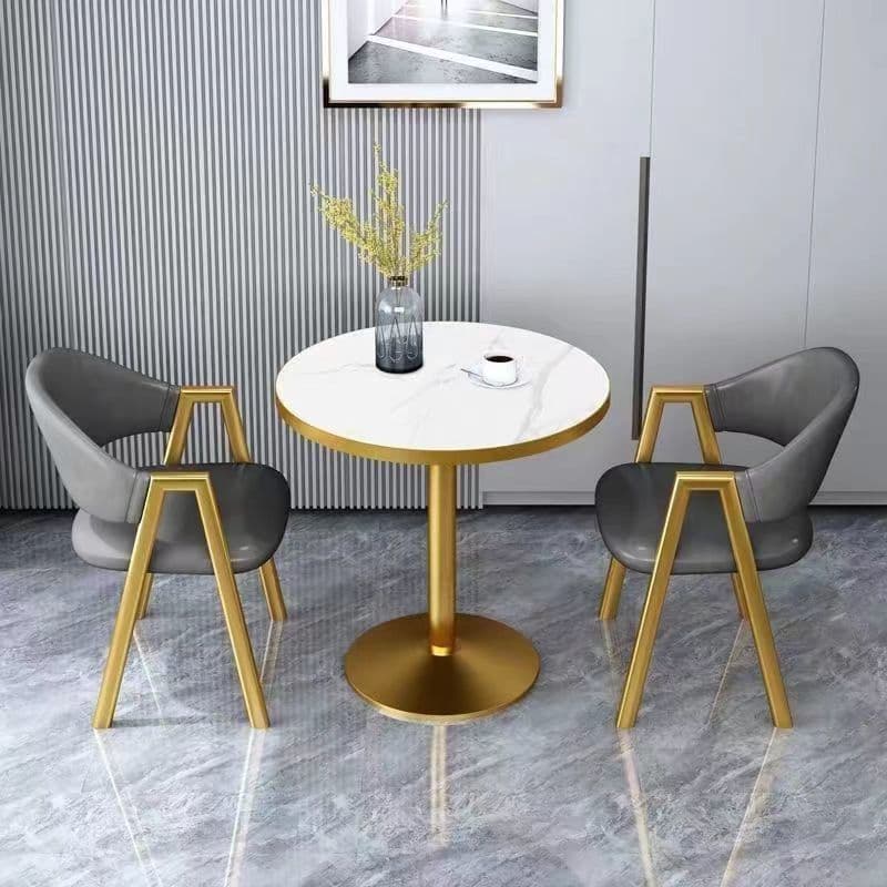 Imitation white marble table top + dark gray leather chair