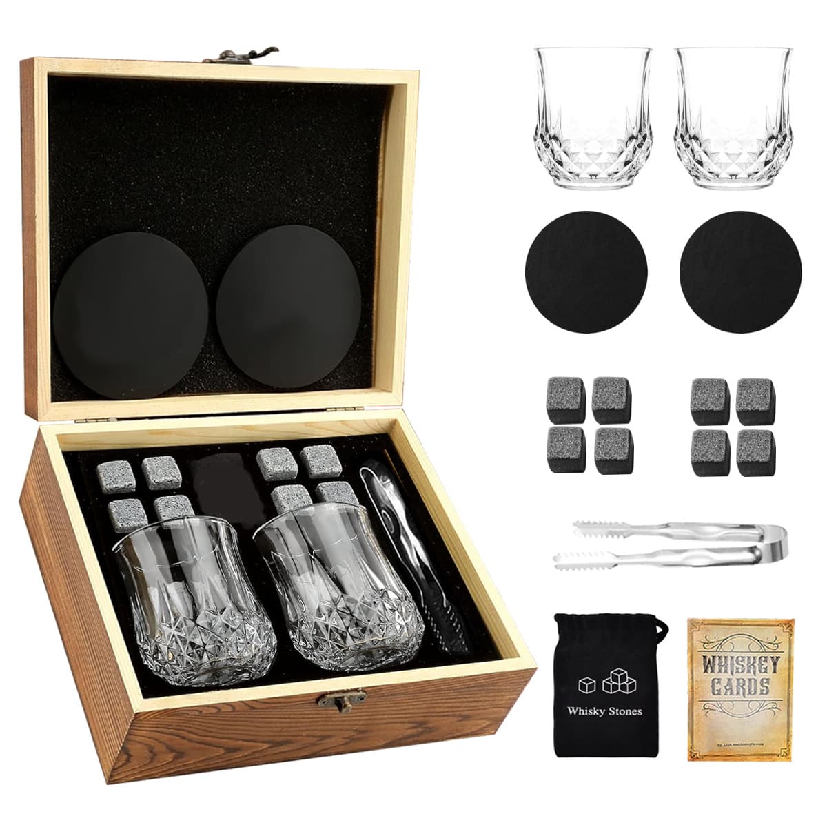 Wooden box star diamond cup double cup whiskey 2 cups 8 stone felt pad coaster