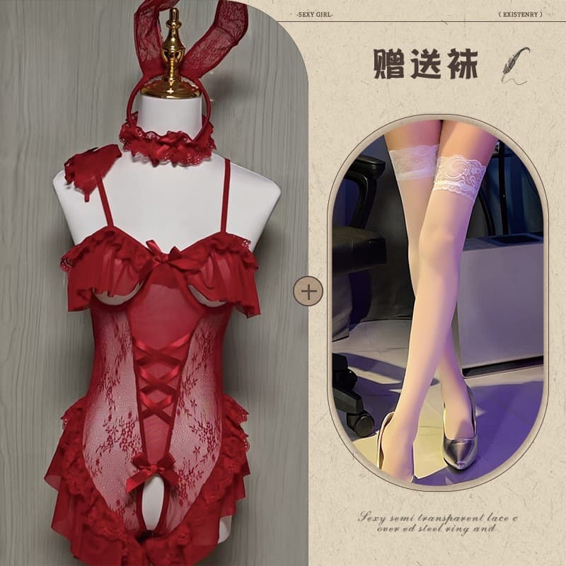 Bunny girl burgundy + white stockings