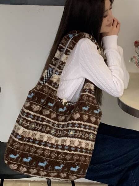 51253 Ethnic Style Plush Large-Capacity Casual Shoulder Bag, Shopping Bag for Outings, Student Tote Vest Bag