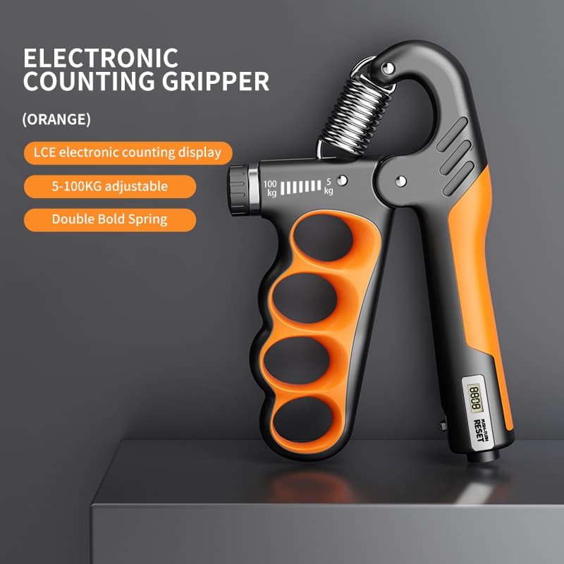 Five-finger grip strengthener with electronic counter - black & orange