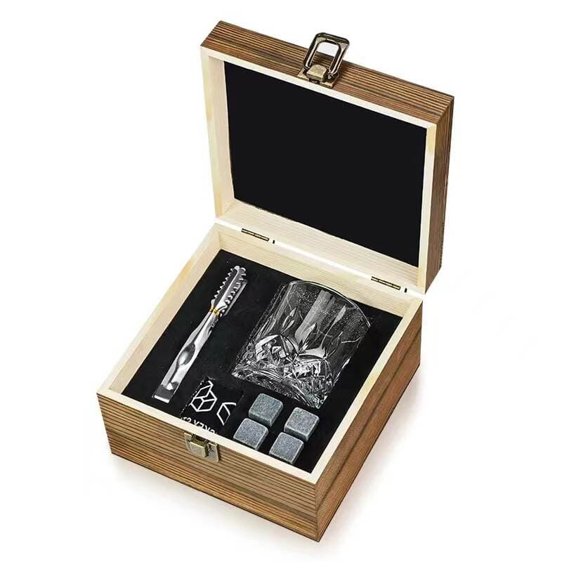 Cross-Border Whiskey Set in Wooden Box with Double Glass Wine Glasses, Natural Ice Wine Stones, Wooden Gift Box, Empty Box 4