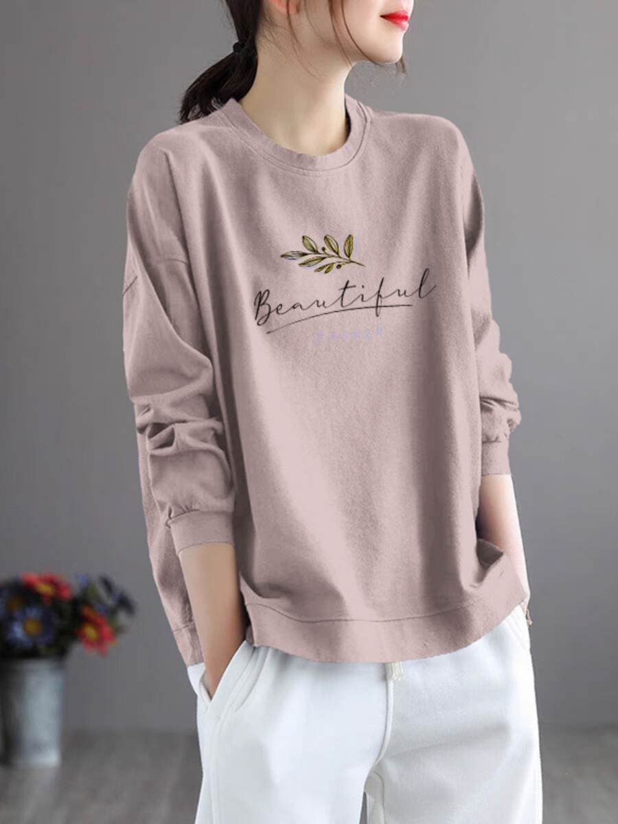 Qadınlar üçün Dəyirmi Yaxalı, Uzunqol, Gündəlik, Zərif, Yaş Azaldan Təmiz Pambıq T-shirt. 3