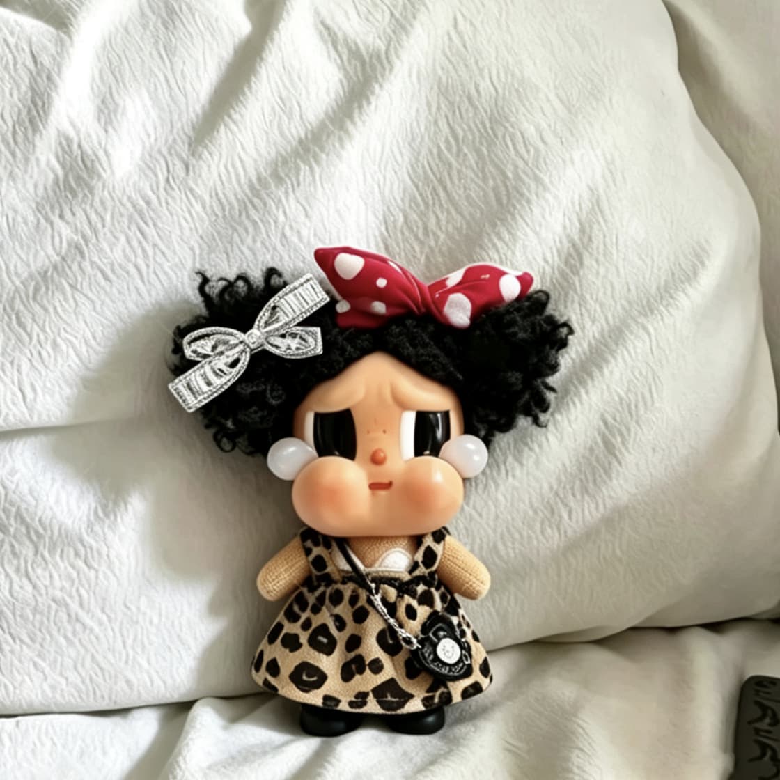 Leopard print skirt + diamond hairpin + black bag + black shoes