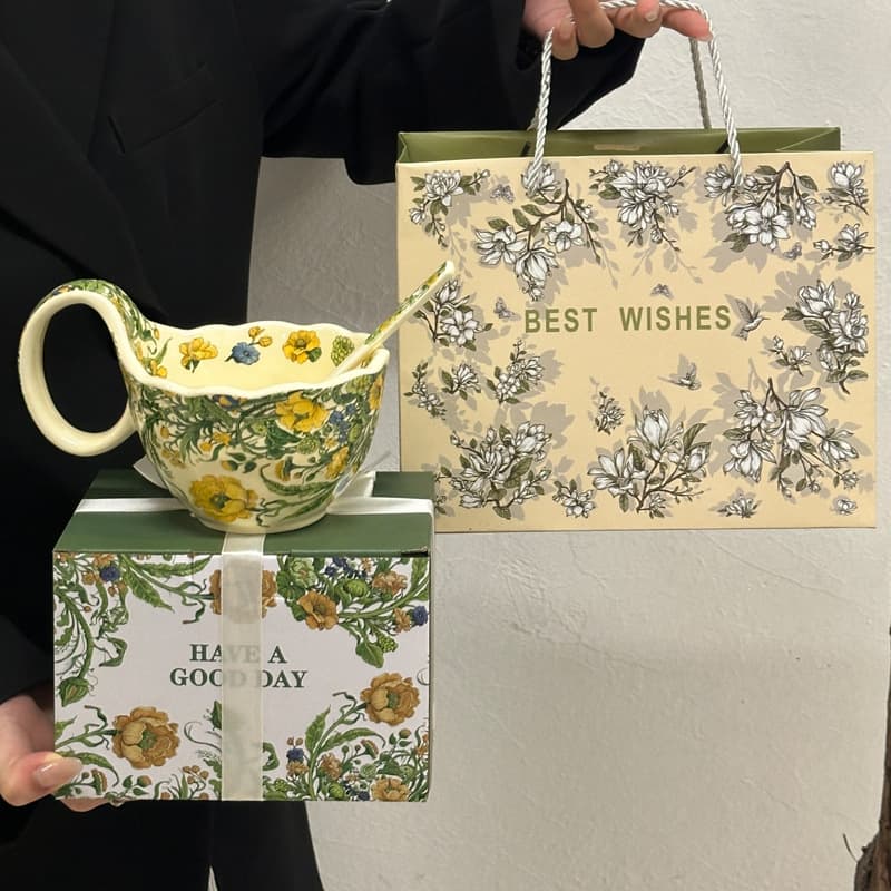Curved handle cup - spring jasmine + flower spoon + portable gift box + flower gift bag