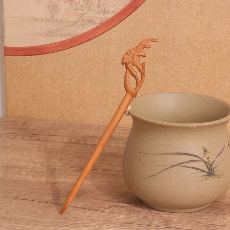 Double-sided carved peach wood hairpin - morning glory