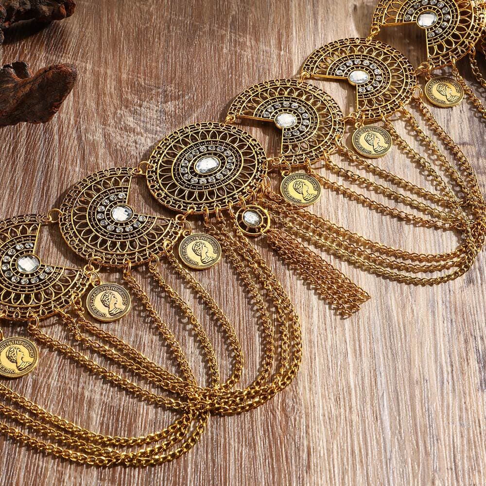 Alien Ethnic Style Waist Decoration Retro Alloy Hollow Carved Rhinestone Coin Tassel Waist Chain Women's Skirt Hanfu Accessories 4