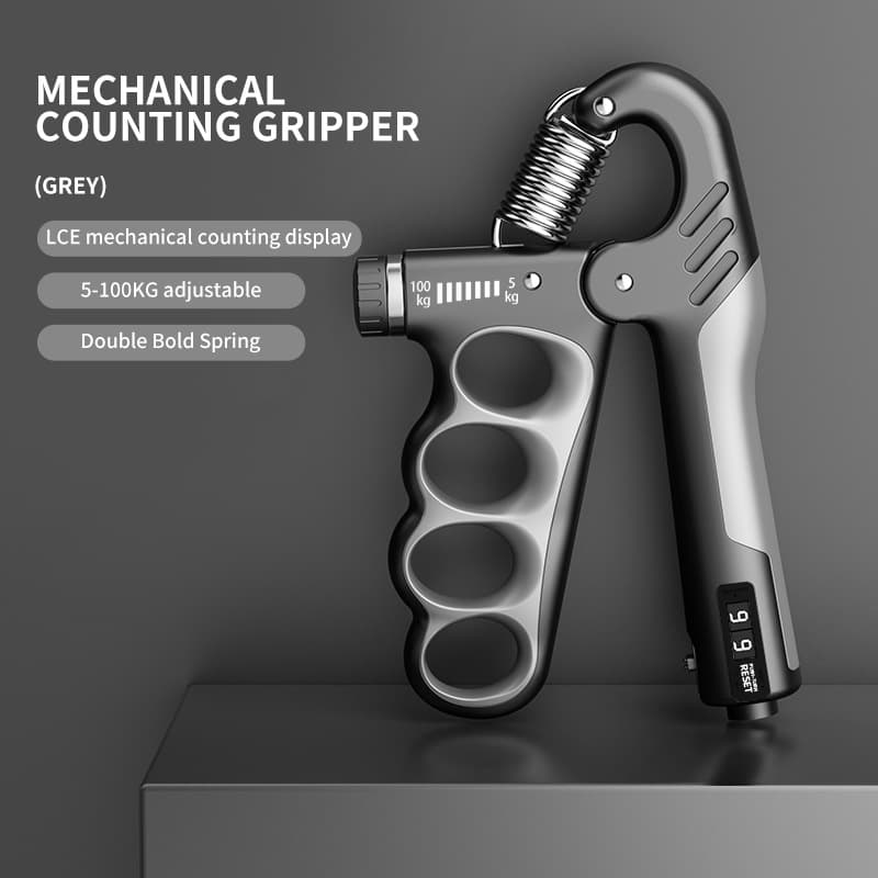 Five-finger hand grip strengthener with mechanical counter - black/gray