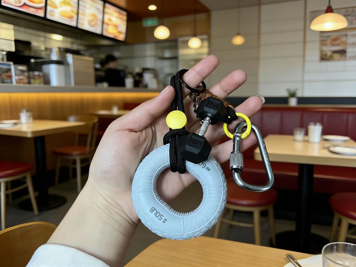 Gray grip ring + lanyard + carabiner + black barbell