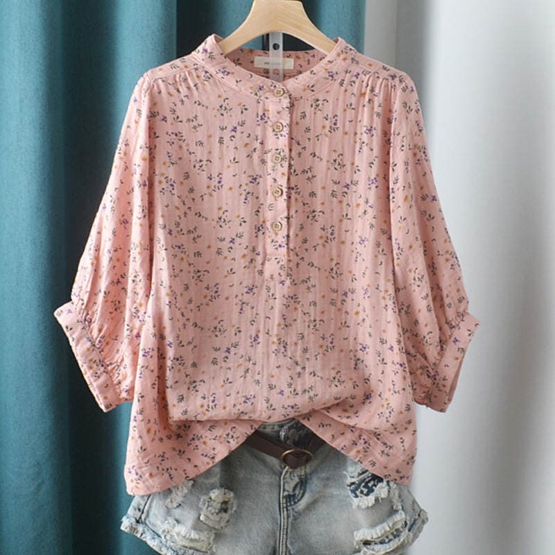 Double-layer cotton yarn shirt floral stand collar baby cotton yarn loose plus size Japanese and Korean shirt factory wholesale delivery women's clothing 2
