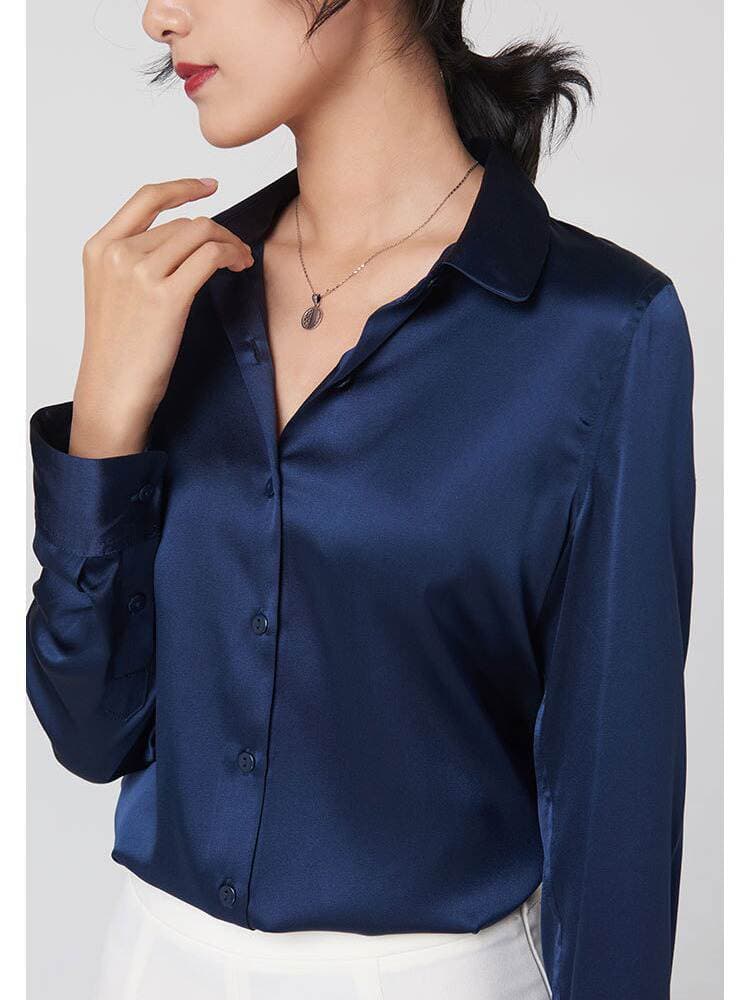 Women's Long-Sleeve Silk Shirt 2026 Spring/Autumn Style Professional Wear Color-Blocking Commuter Shirt Slim Fit Square Collar Top 2