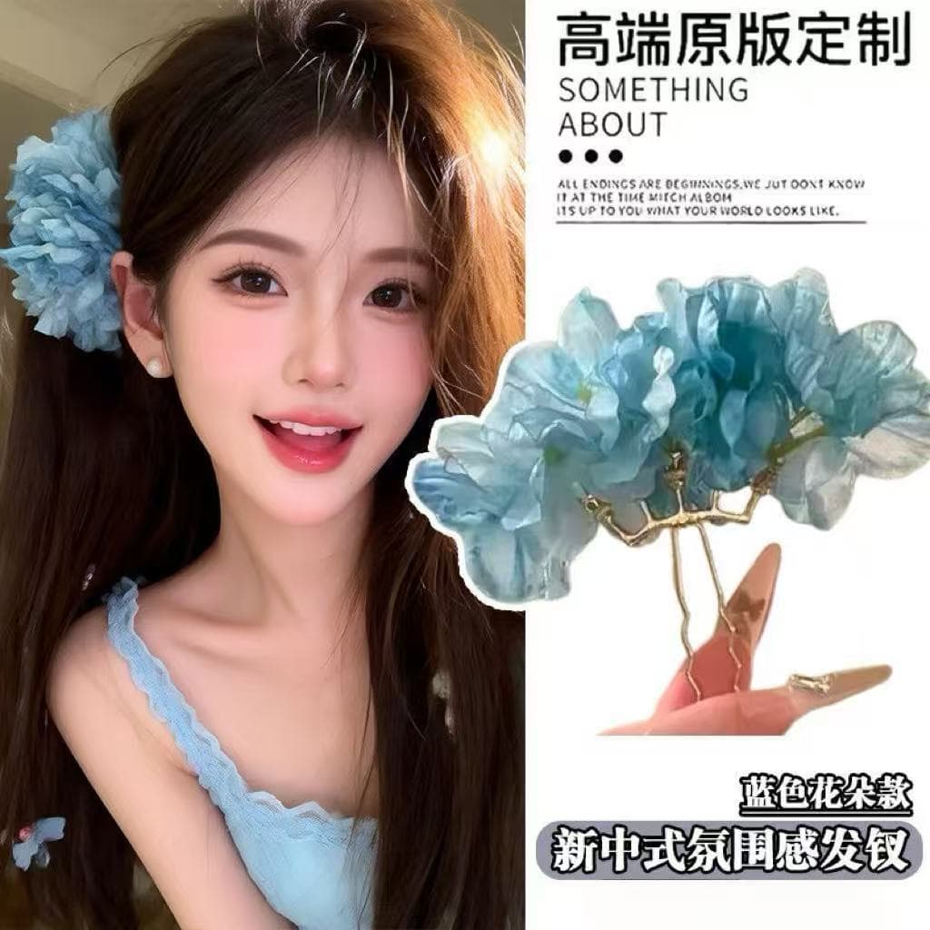 7371 full bloom five-flower hairpin - blue