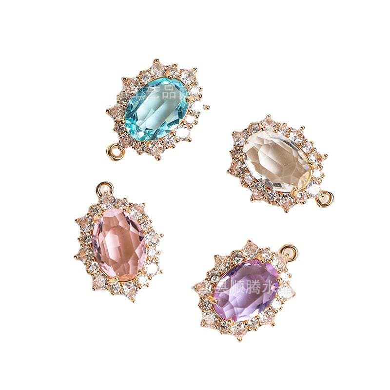 diy accessories micro inlaid zircon glass retro oval copper gold plated pendant necklace clavicle chain earrings material wholesale 5