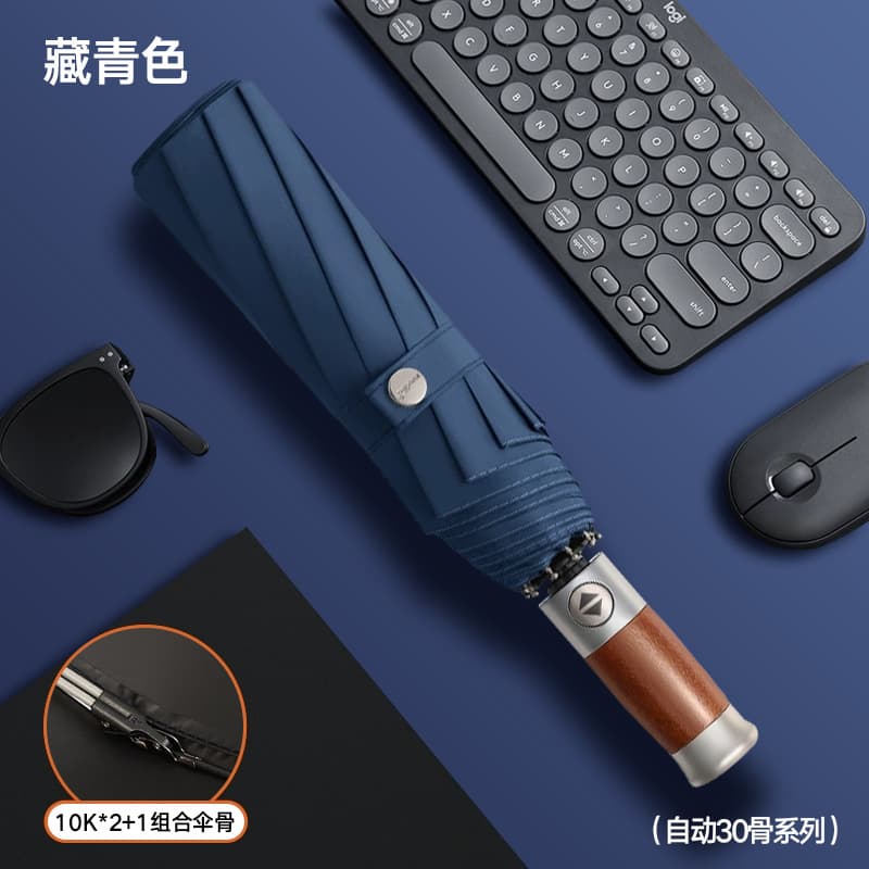 {navy blue full blackout-[automatic business wooden handle 30 ribs] thickened vinyl}