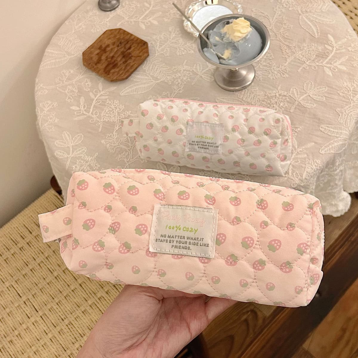 Pink cream strawberry pencil case