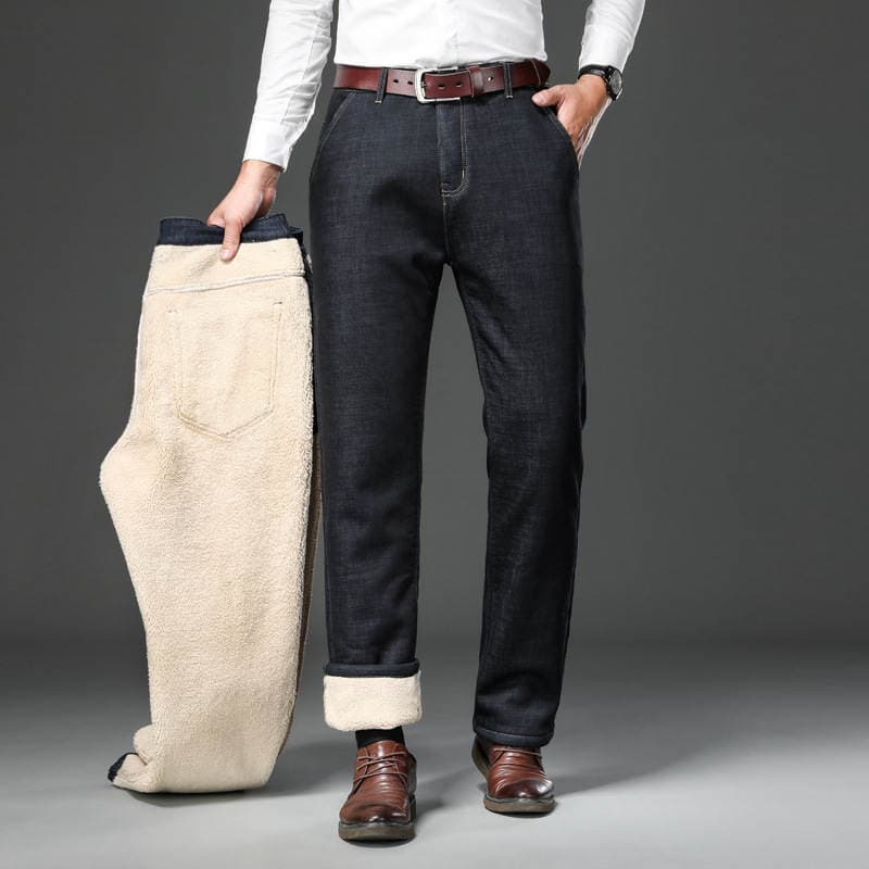Winter new men's fleece-lined jeans lambswool thick warm straight pants loose stretch casual trousers men 2
