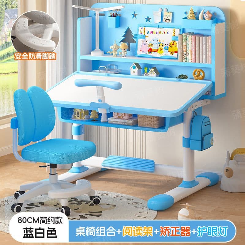 Blue and white desk [tilting desktop + dual back gliding chair + reading stand + study stand + desk lamp] with two-zone bookshelf