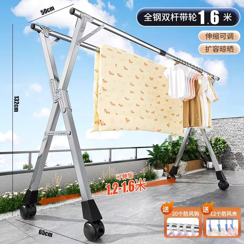 All-steel double rail garment rack with wheels - includes hooks and sock clips