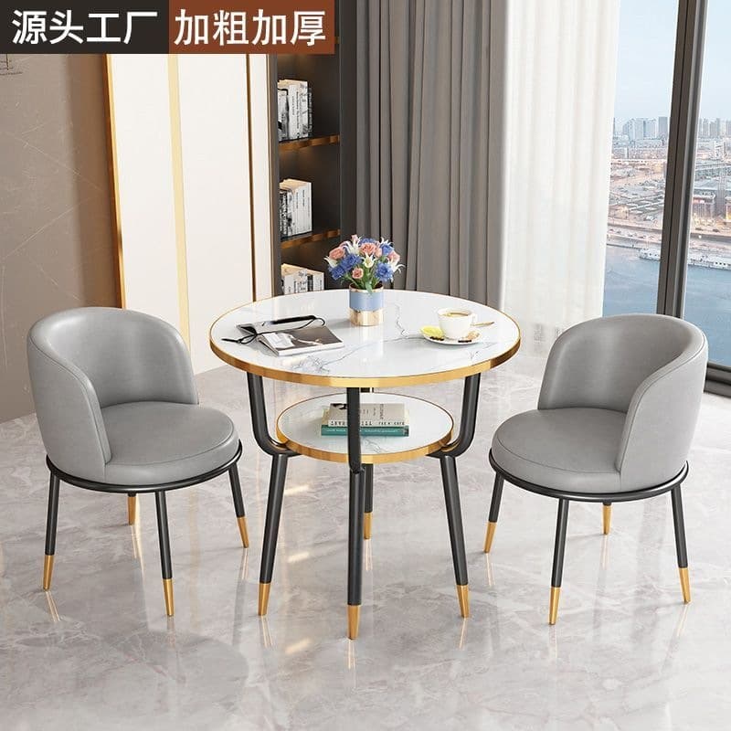 [one table and two chairs] warm white double-layer table 60cm + 2 orange matte leather chairs