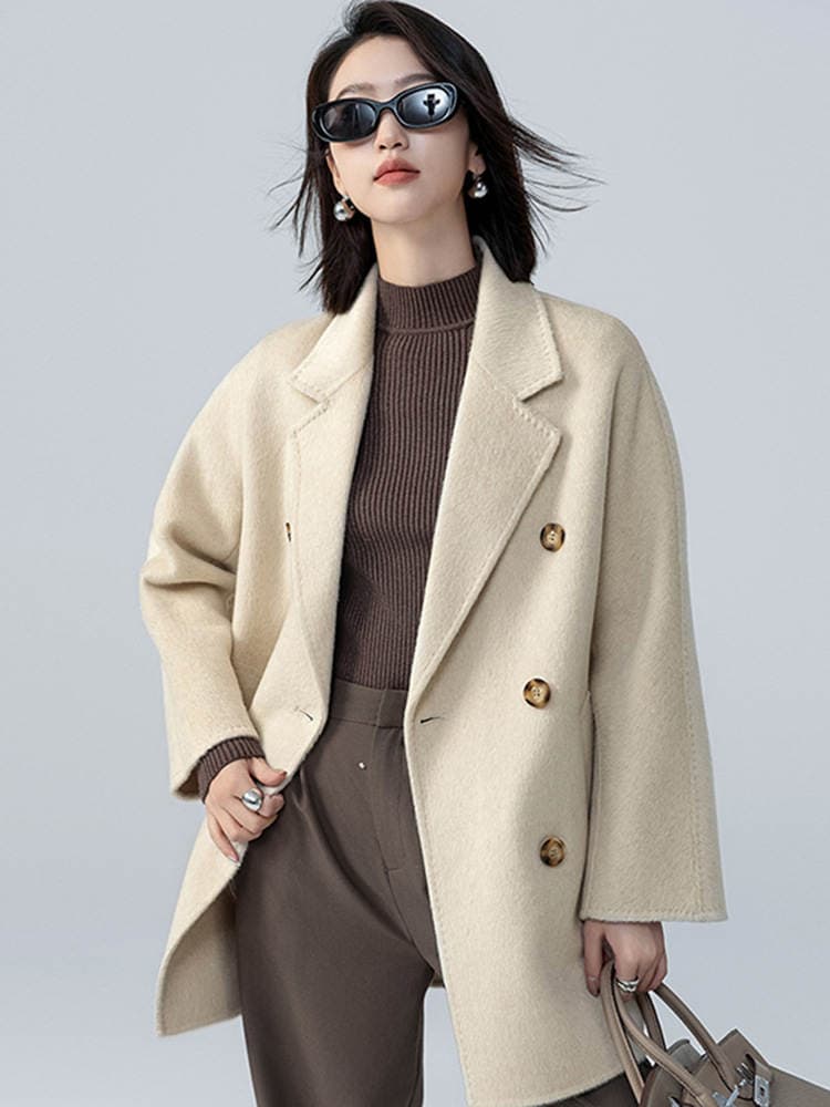 Western style loose short M home camel velvet double-sided overcoat women's woolen coat autumn and winter small high-grade double-row 1