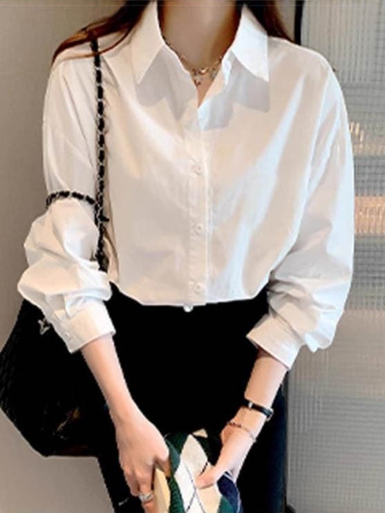 Uniform Shirt Basic Long-Sleeved White Shirt for Women New Versatile Basic Work Clothes with Retro Shirt for Women 2