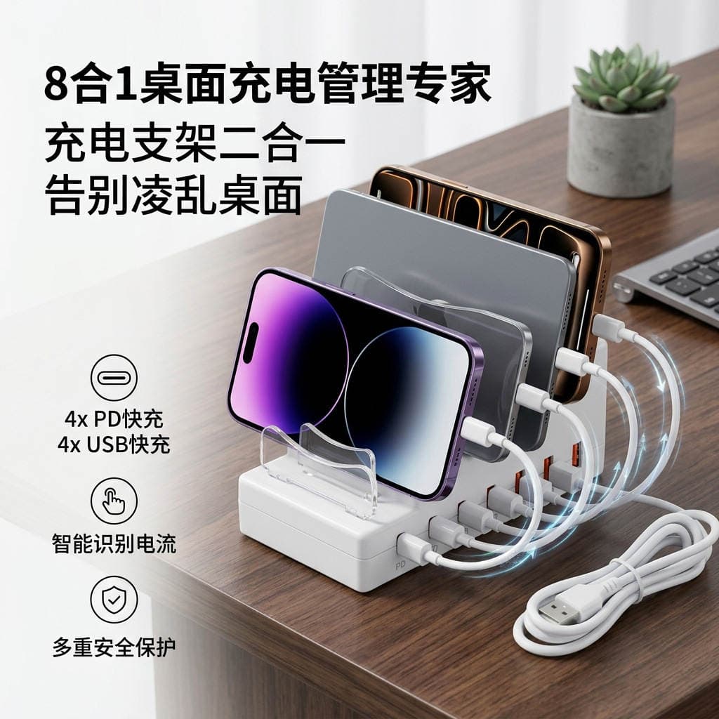 Çoxfunksiyalı telefon stendi dok stansiyası (4 USB portu, PD sürətli şarj, naqilli şarj) 1