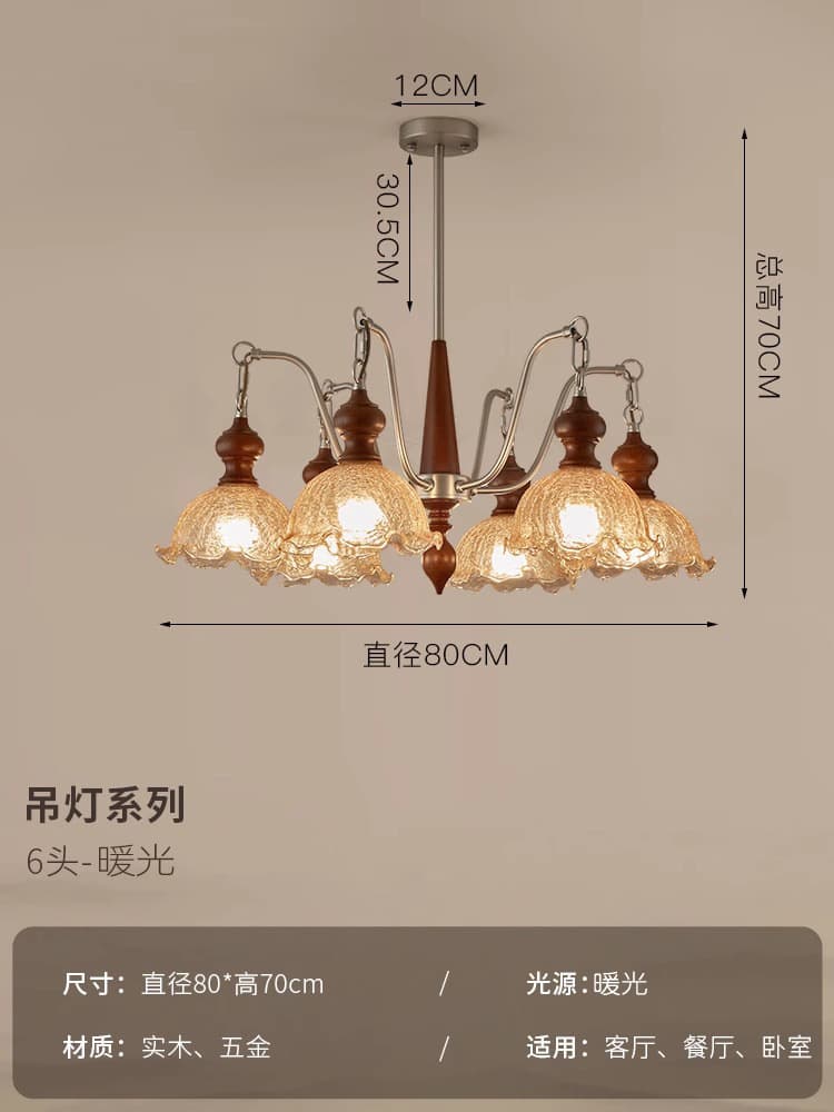 6-head ice crackle chandelier - walnut + chrome finish - warm light