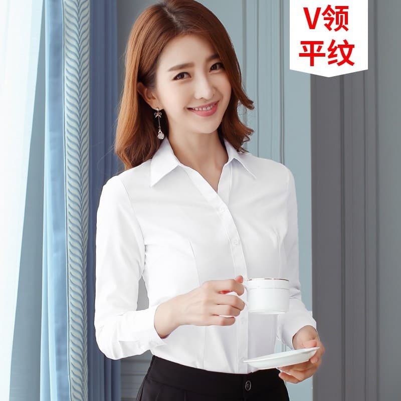 [V collar] white plain long sleeve