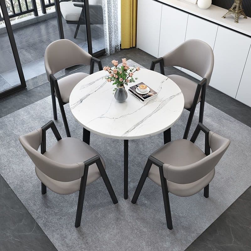 Imitation white marble table + light gray leather chair
