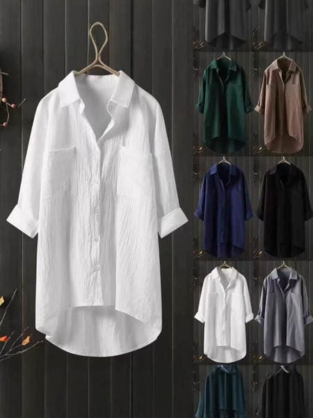 Cross-Border Southeast Asia, Europe and America Amazon Solid Color Fashion Shirt for Women, Casual Style, Cotton and Linen, Loose Fit, Double Pockets, Mid-Length