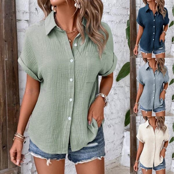 Cross-border 2025 Amazon Summer New European and American Women's Pure Cotton Shirt Solid Color Casual Button Shirt Women
