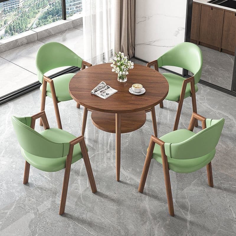 Round table + 4 green leather chairs - walnut legs