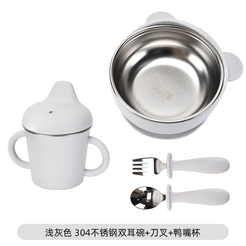 Light gray [bear bowl + fork + spoon + cup]