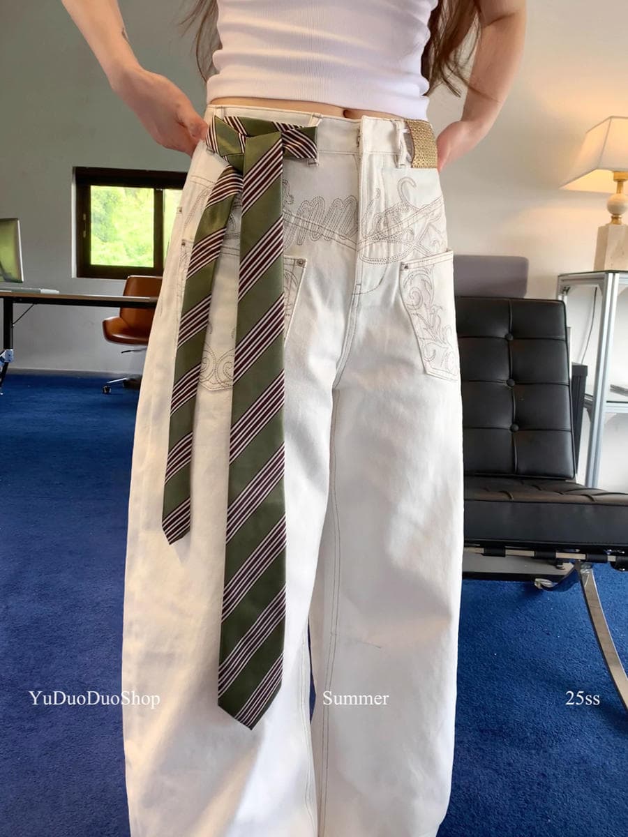 Vintage Khaki Striped Tie for Women, Hong Kong Style Retro Hand-Tied Scarf, Shirt Accessory, Fashionable Pants Belt, Waist Accessory 5