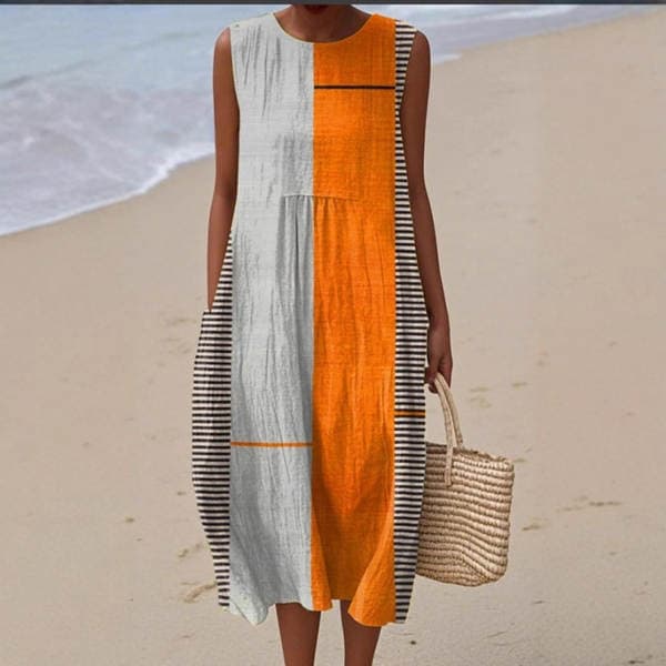 New Amazon cross-border summer sleeveless pocket casual printed elegant long dress, straight cut, fresh and simple