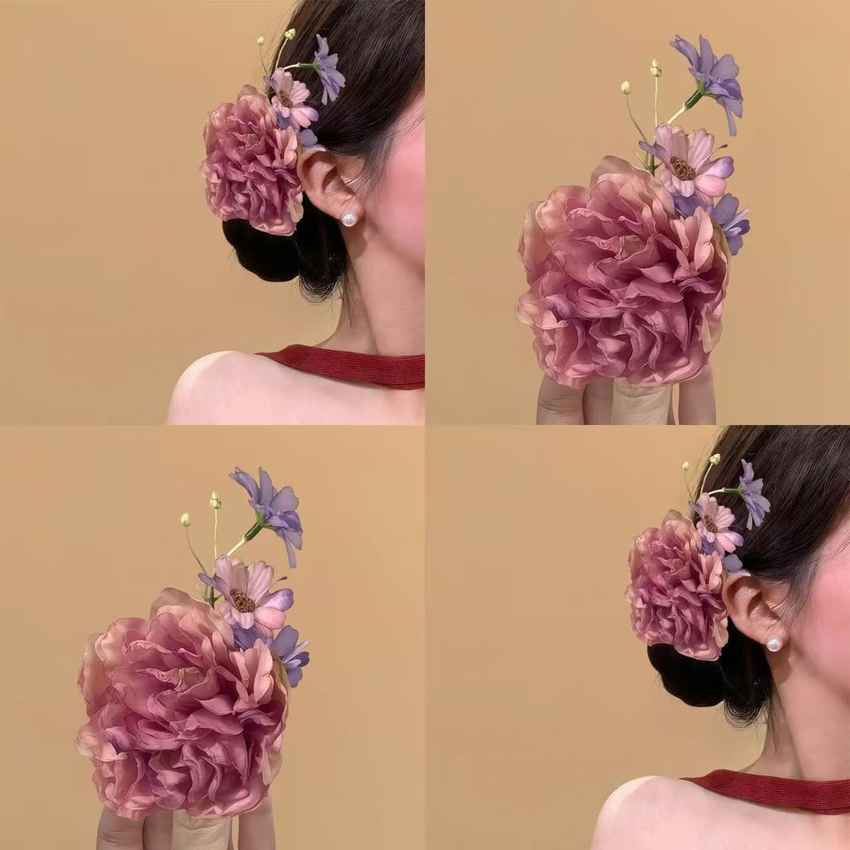 7331 pink and white flower hairpin