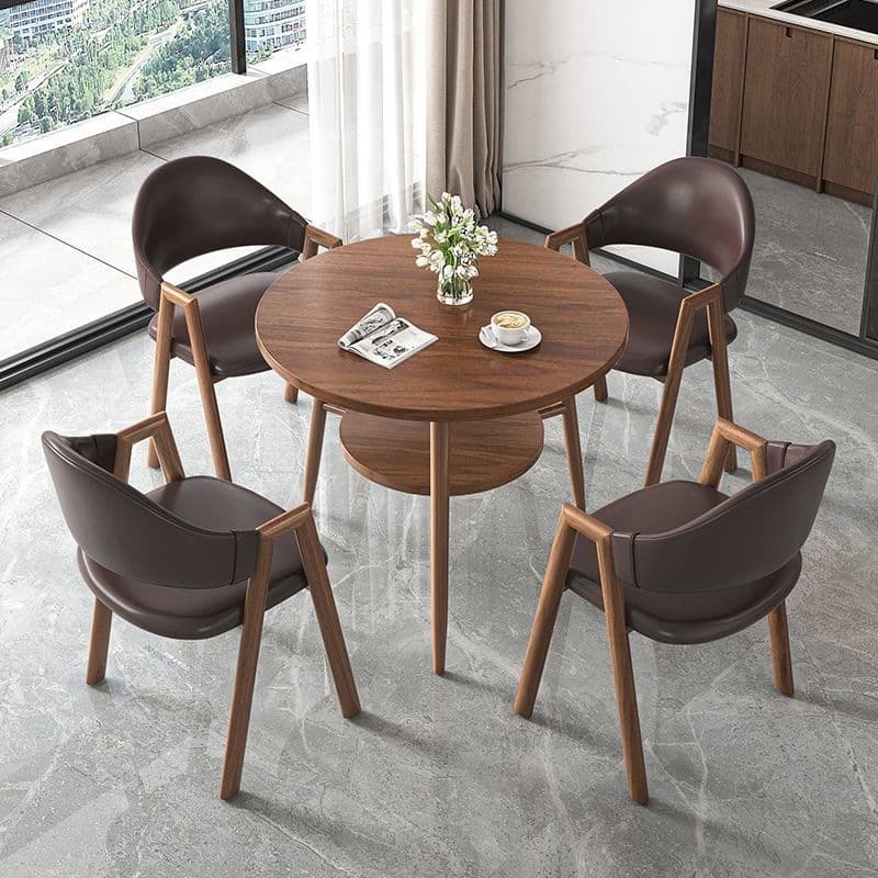 Round table + 4 dark brown leather chairs - walnut legs
