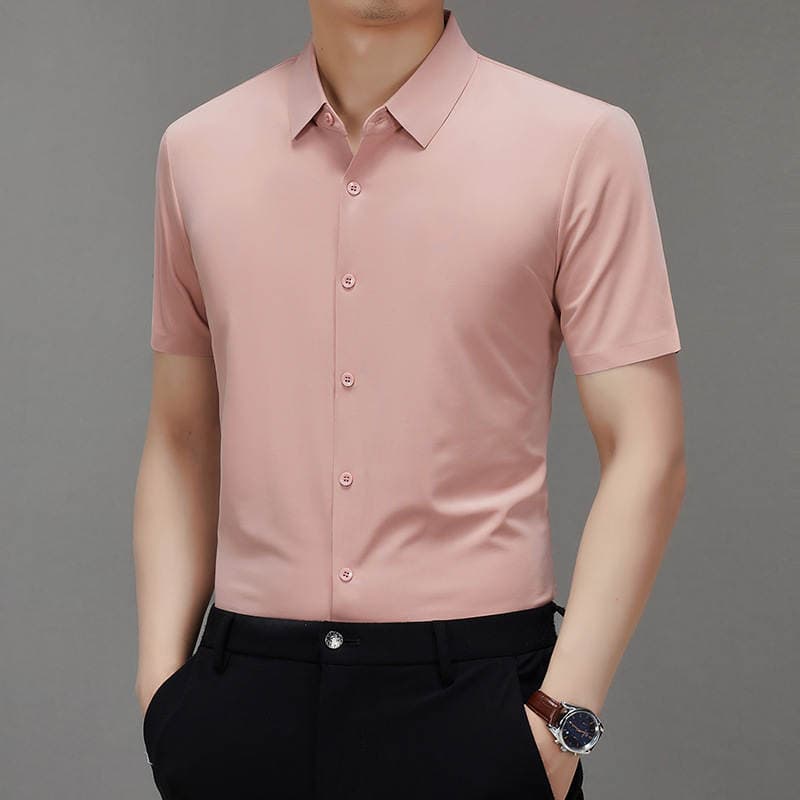 Summer men's seamless shirt, anti-wrinkle, no-iron, solid color, short-sleeved casual top for middle-aged men 3