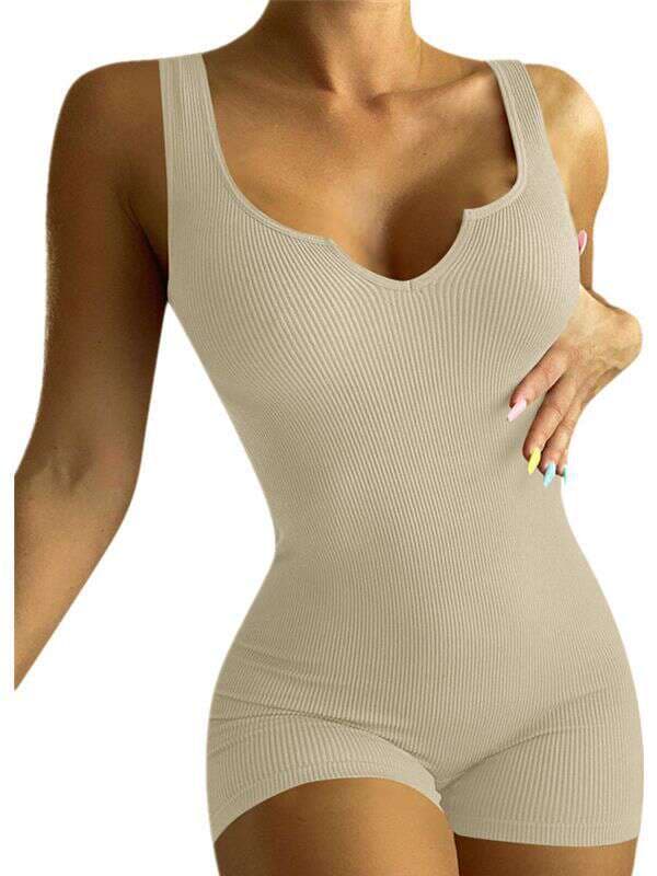 2023 European and American cross-border Amazon spring and summer women's solid color casual knitted rib V-neck vest slim jumpsuit 4