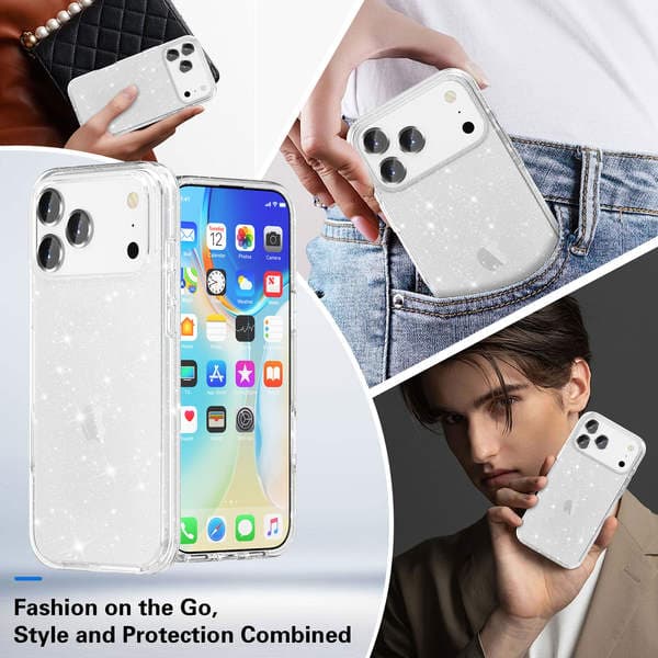 iPhone 17 Pro Max, 16, 15, 14 üçün şəffaf parıltılı qalınlaşdırılmış zərbəyə davamlı qoruyucu qab
