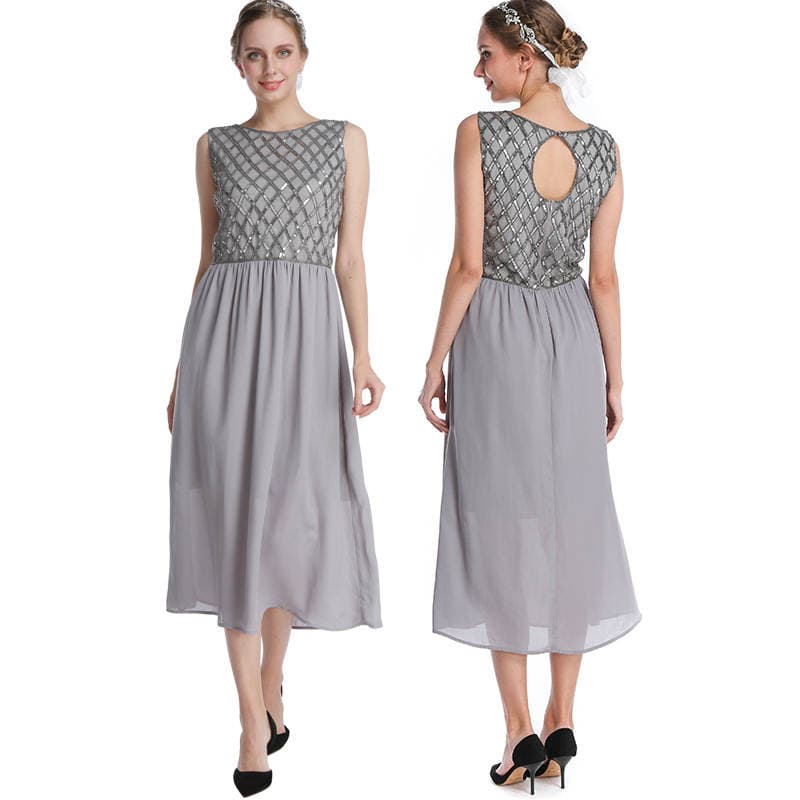 Factory Custom-Made Dress Elegant Gray Chiffon Ribbed Sequin Beaded Embroidered Sleeveless Dress Dress Can Be Worn Daily 2