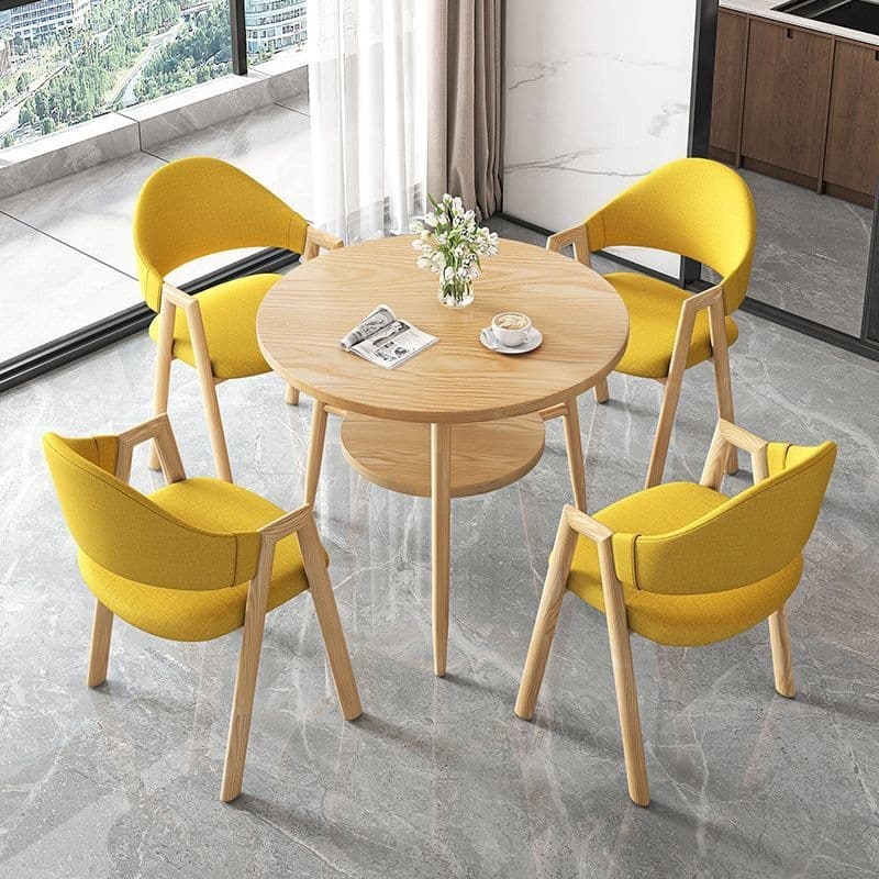 Round table + 4 yellow cloth chairs - wood color legs