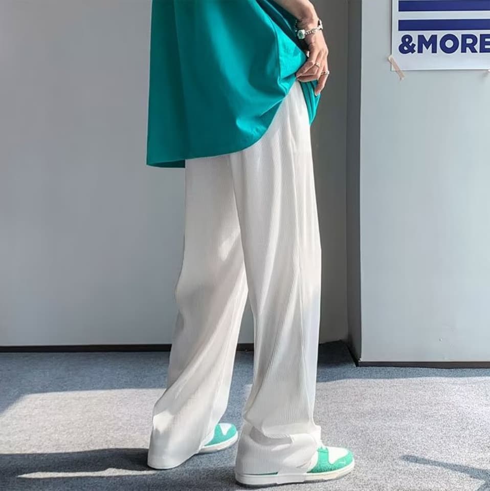 Striped straight ice silk pants White