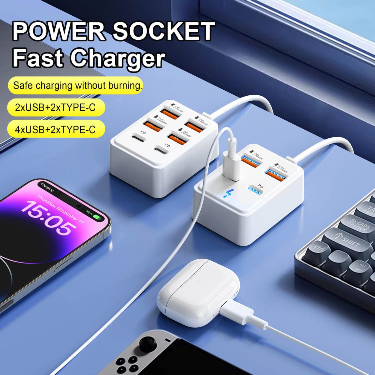 Çoxfunksiyalı USB Rozetka, 2 USB + 2 Type-C Sürətli Şarj Portu 2