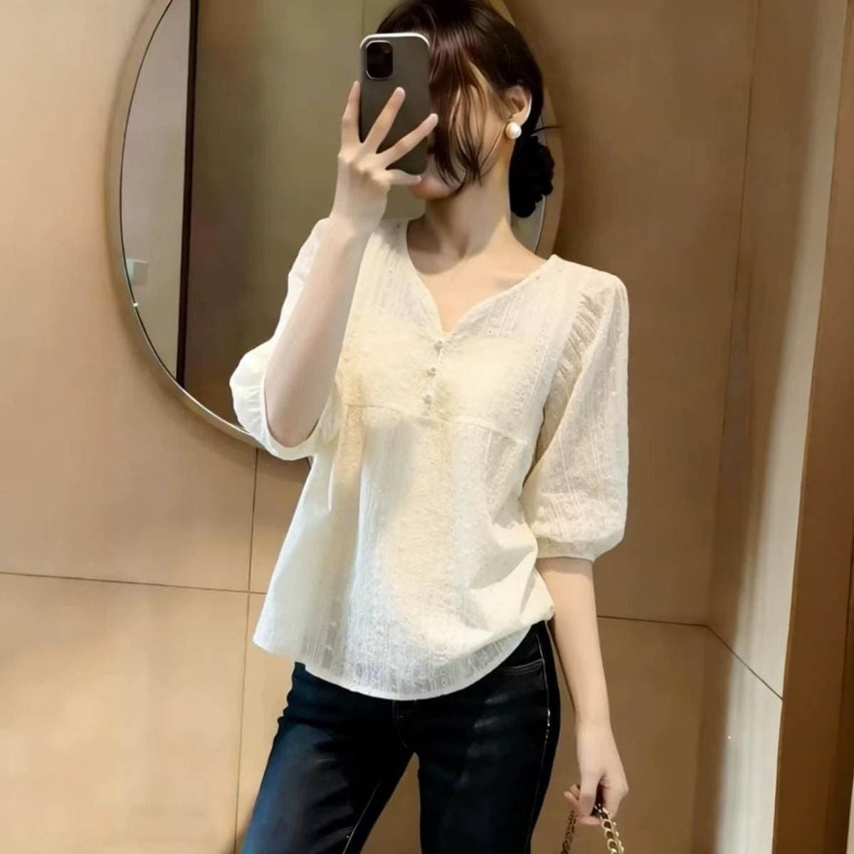 Casual V-Neck Puff Sleeve Shirt for Women, Summer Loose Fit for Plus-Size Girls, Slimming Design, Unique and Youthful Top 3