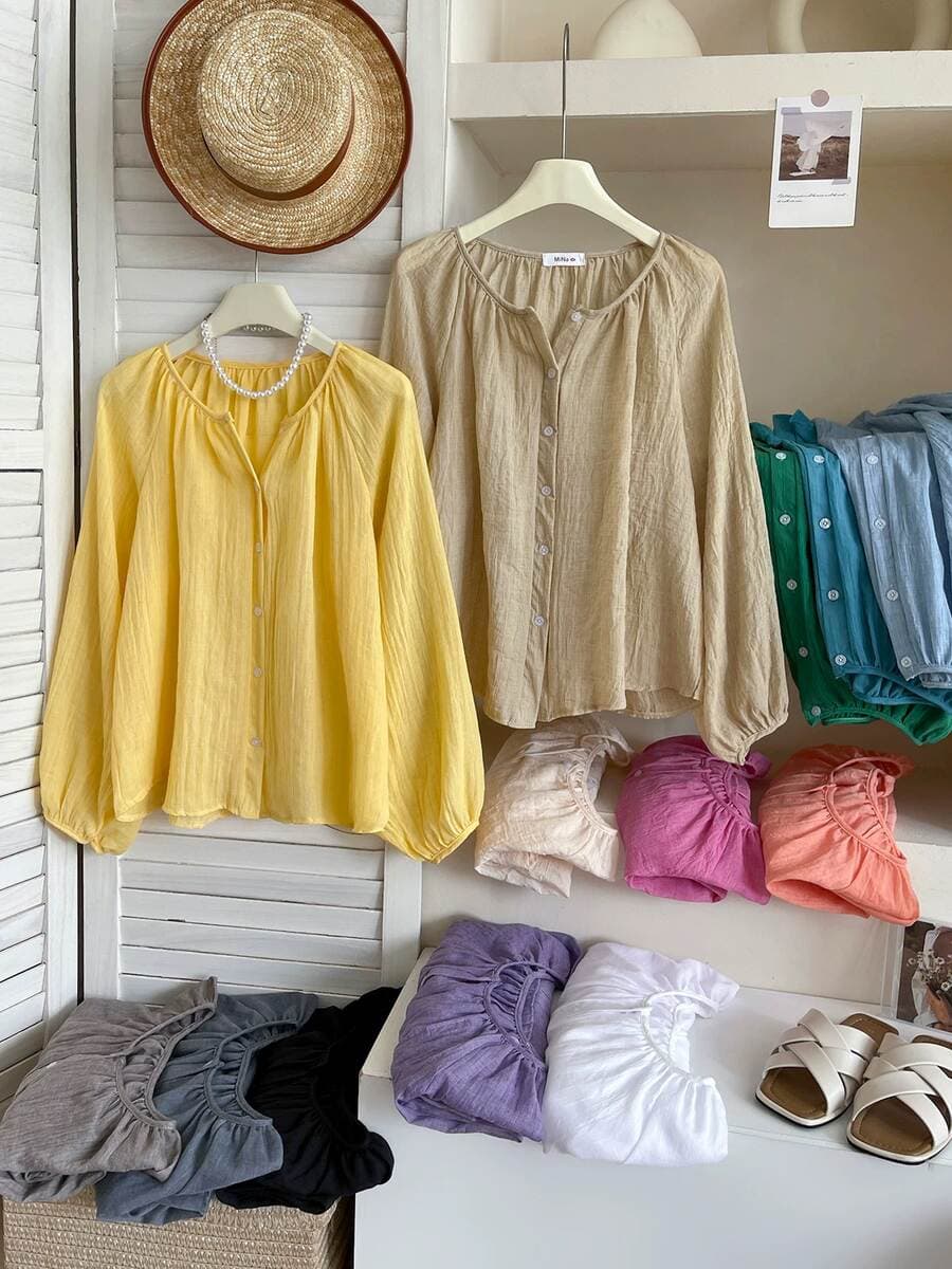 Summer Balloon Sleeves Vintage Vacation Style Cotton Linen Sunscreen Shirt Women's Clothing 3