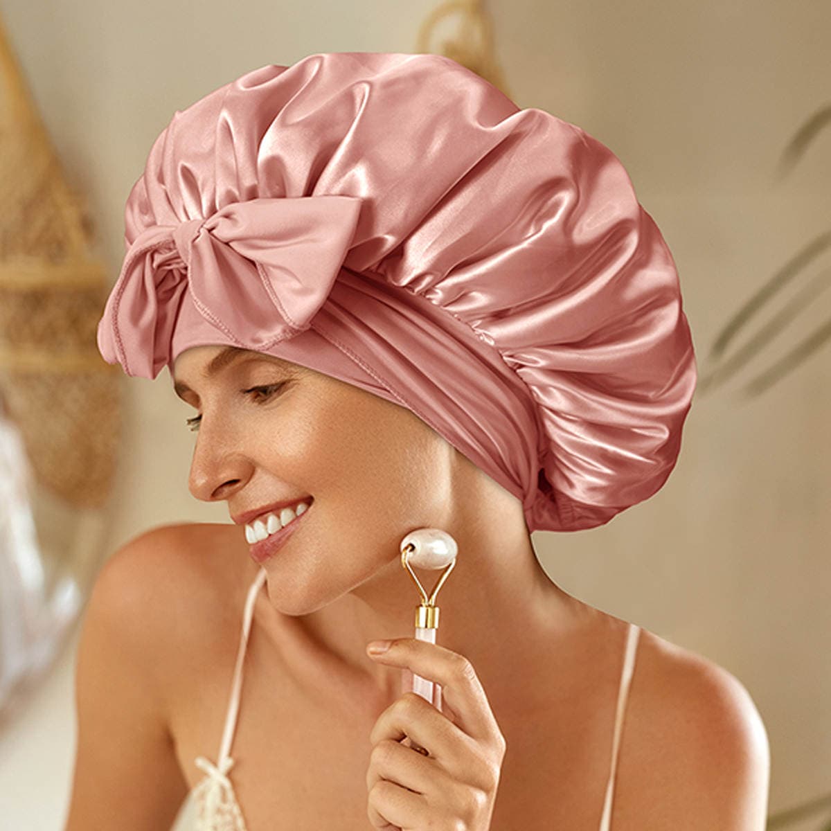 Amazon Single-Layer Satin Ribbon Cross Round Hat with Bow, Imitation Silk Beauty and Hair Care Hat, Sleep Cap for Women Wholesale 2