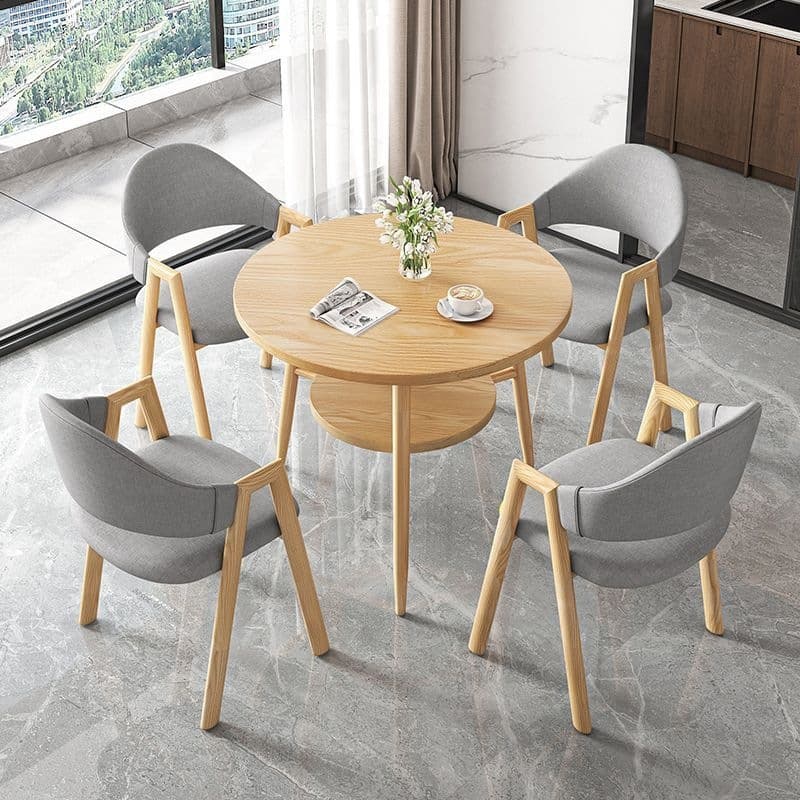 Round table + 4 light gray cloth chairs - wood color legs