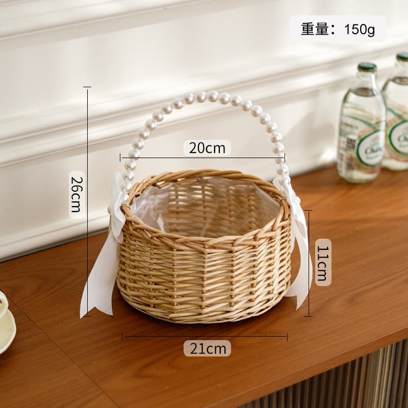 White ribbon bow pearl handle willow woven flower basket - large